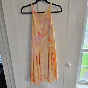 Vince Camuto Fit and Flare Pleated Halter Mini Dress Size 14 Pink Yellow Tie Dye